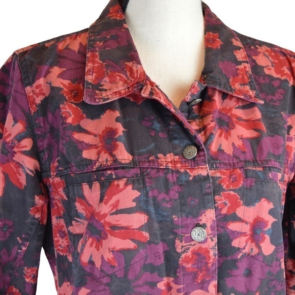 Christopher & Banks Floral Button‎ Front Lightweight Denim Blazer Pockets Medium - Picture 2 of 9